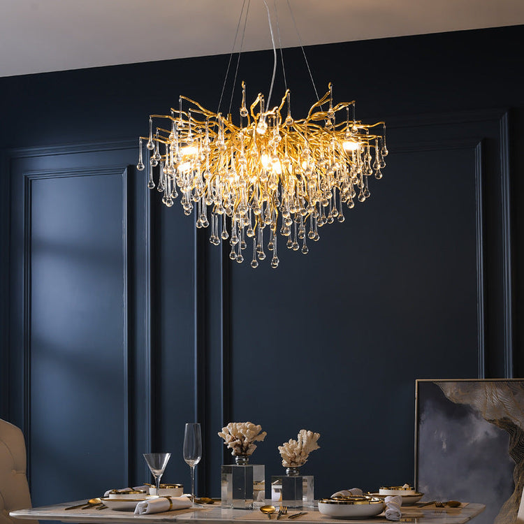 Decorbites Postmodern Light Luxury Chandelier with water drop crystal design hanging from a metal frame.
