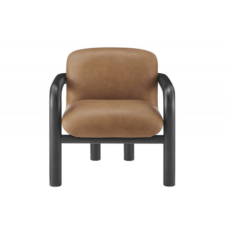 Modern faux leather accent chair with brown upholstery and black wood frame, stylish armchair from Gallery La La.