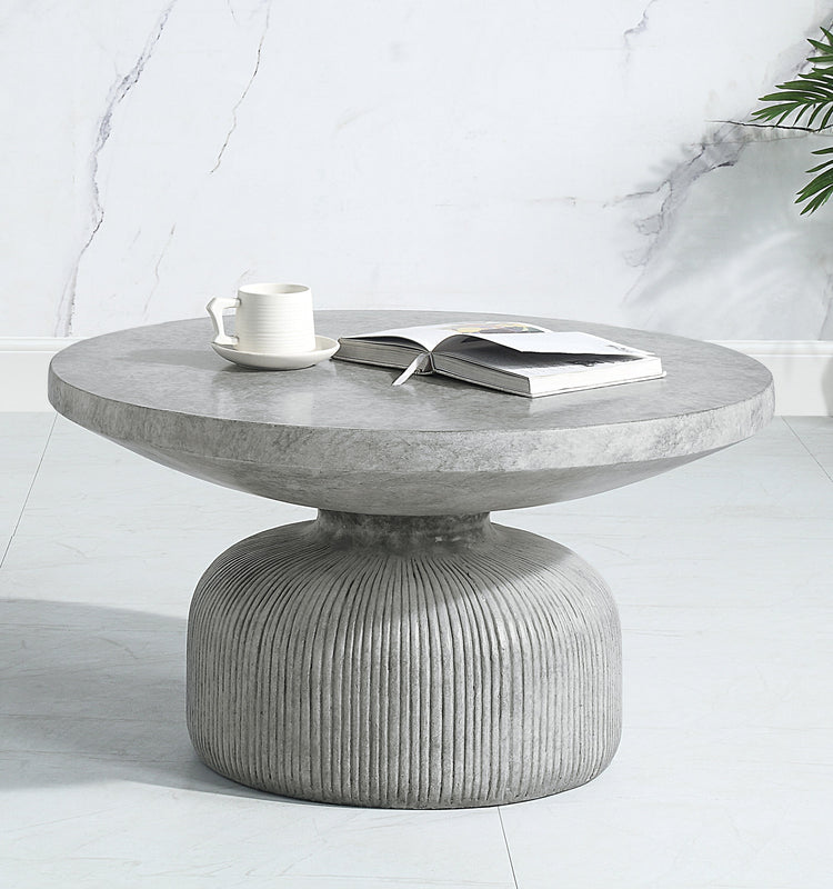 Weathered Grey Cement Coffee Table | Round Pedestal Concrete Table - Modern Home & Kitchen