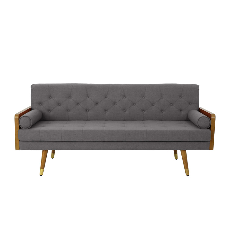 Grey fabric Aidan mid-century modern tufted sofa with sleek design and button-tufted cushions, perfect for stylish living rooms.