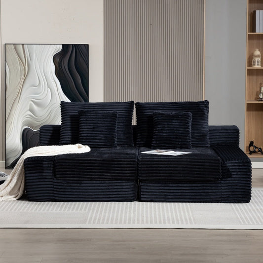 Oversized Black Corduroy Chaise Lounge Sofa – Minimalist Deep Seat Lounge Chair with Pillows