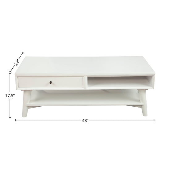 Flynn mid-century modern coffee table by Alpine Furniture with white finish, mahogany wood, drawer storage, and splayed legs.
