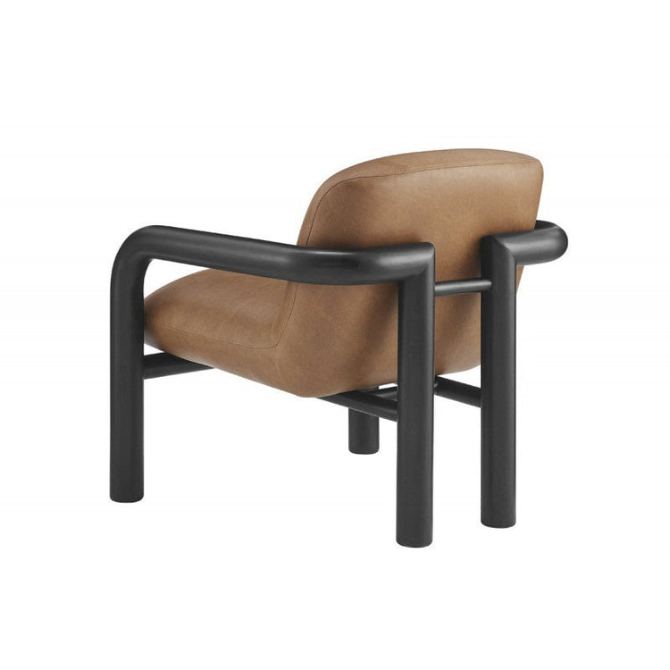 Modern faux leather accent chair with brown upholstery and black wood frame, stylish armchair from Gallery La La.