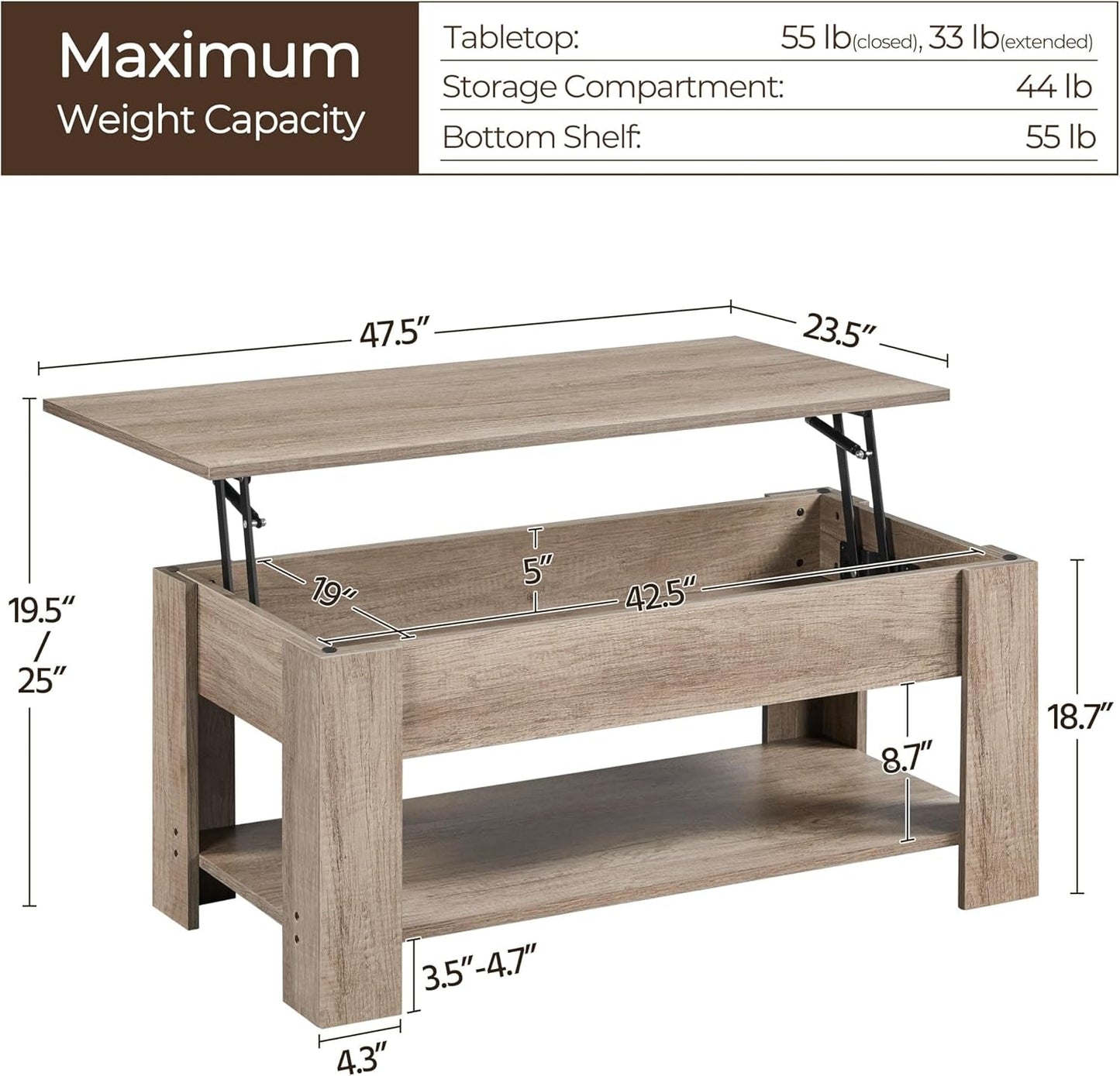 Lift Top Coffee Table with Hidden Compartment and Storage Shelf,