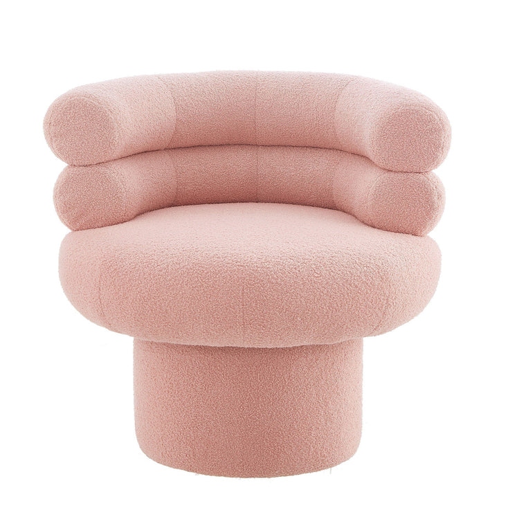 HouseOfZazla round swivel accent chair with plush teddy fleece upholstery and barrel lounge design.