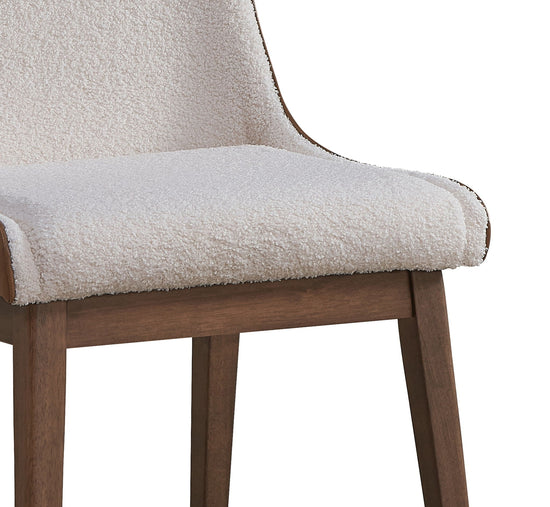 Pair of HouseOfZazla Ginny Bouclé velvet side chairs with walnut finish legs, ideal for dining room decor.