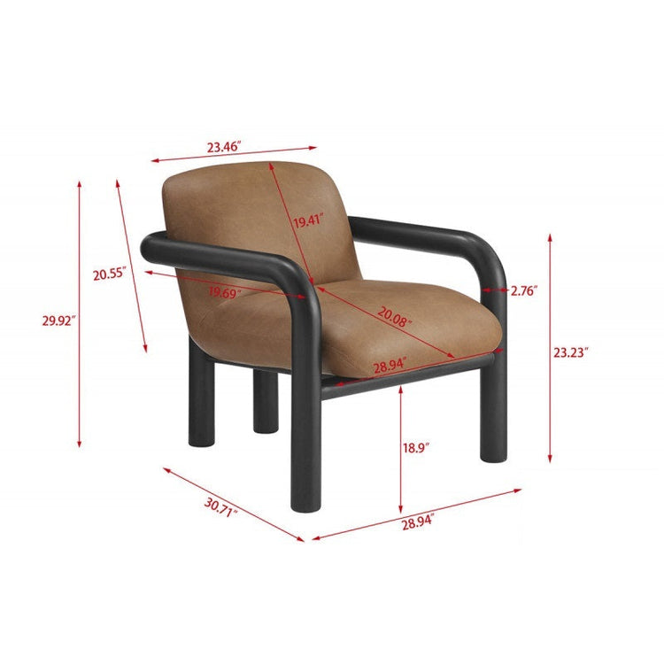 Modern faux leather accent chair with brown upholstery and black wood frame, stylish armchair from Gallery La La.