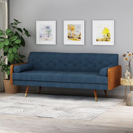 Grey Aidan Mid Century Modern tufted fabric sofa by HouseOfZazla, stationary couch with a sleek, tufted design and comfortable seating.
