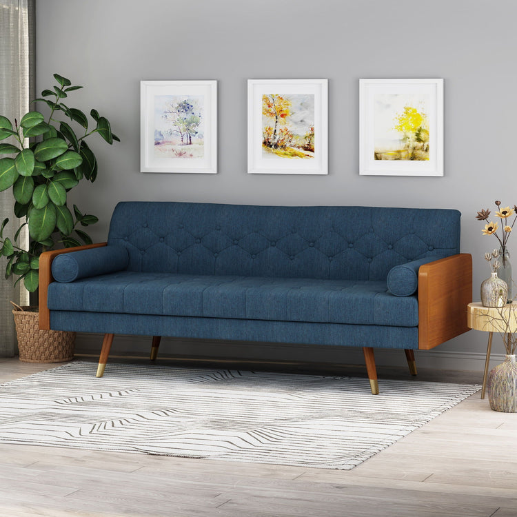 Grey Aidan Mid Century Modern tufted fabric sofa by HouseOfZazla, stationary couch with a sleek, tufted design and comfortable seating.