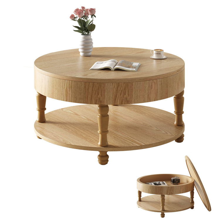 Round wooden coffee table with lift-top dual storage from HouseOfZazla, featuring a smooth surface and hidden storage compartment.