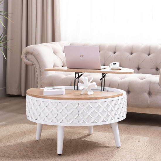 Boho farmhouse round coffee table with lift-top storage by HouseOfZazla, featuring a natural wood finish and stylish design.