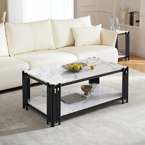 Marble Patterned Coffee Table With Storage Rack