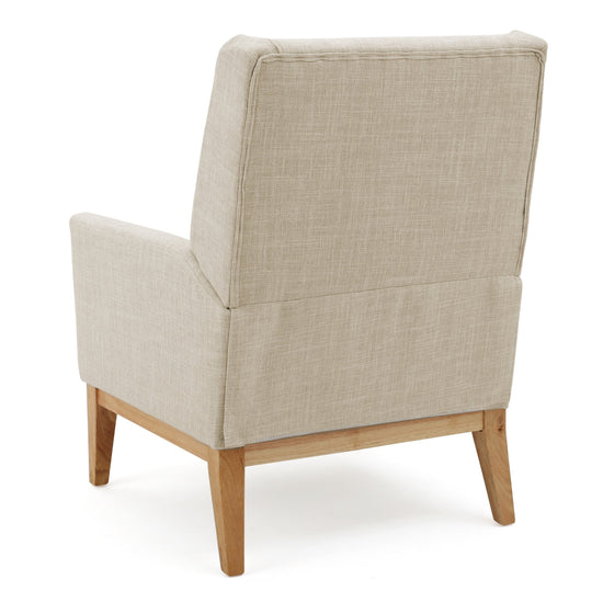 Beige fabric mid-century modern accent chair with padded cushion seat, suitable for home or office seating.