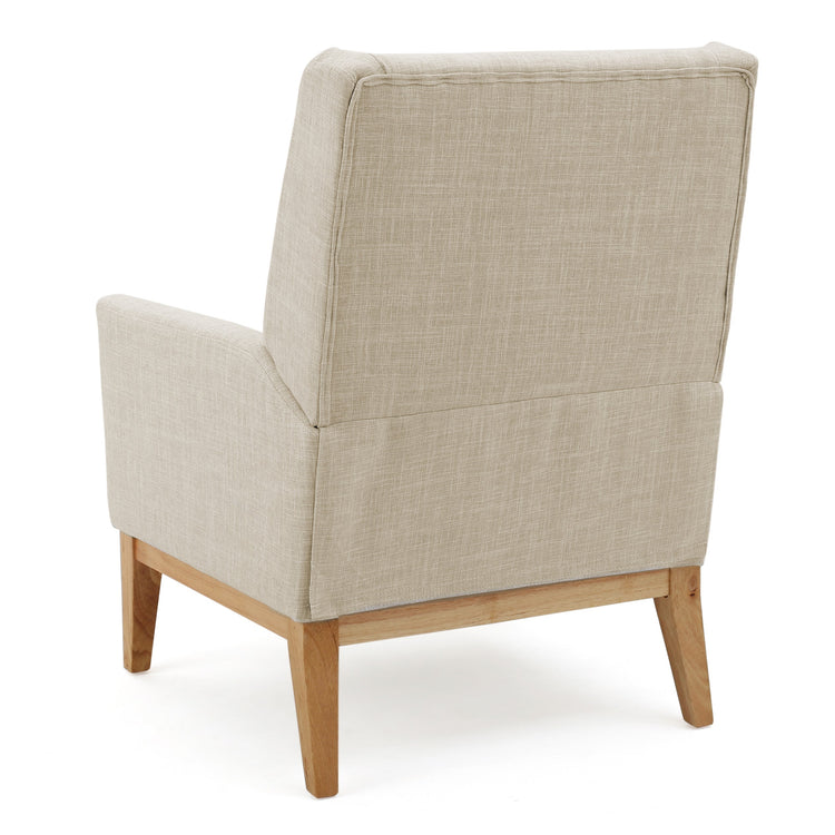 Beige fabric mid-century modern accent chair with padded cushion seat, suitable for home or office seating.