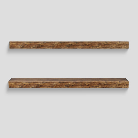 Hewn Kitchen Floating Shelf by Dogberrycollections in aged oak finish, made of hand-textured solid poplar, 24 to 72 inches long