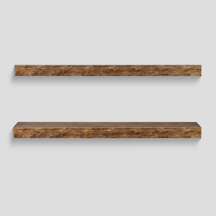Hewn Kitchen Floating Shelf by Dogberrycollections in aged oak finish, made of hand-textured solid poplar, 24 to 72 inches long