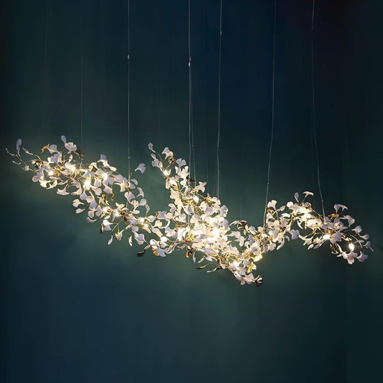 Vinlighting Gingko Style H chandelier with art-deco linear design featuring leaf-shaped glass elements and a sleek metal frame.