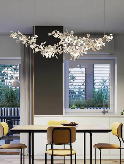 Vinlighting Gingko style chandelier H with art-deco linear design, featuring sleek metal frame and elegant lighting elements.