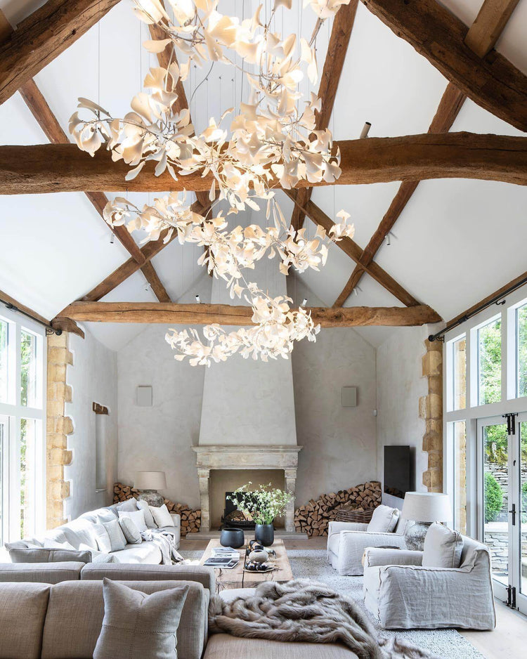 Gingko Style H chandelier by Vinlighting featuring art-deco linear design with multiple light bulbs and sleek metal finish.