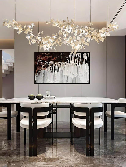 Gingko Style H chandelier by Vinlighting featuring an art-deco linear design with elegant hanging light fixtures.