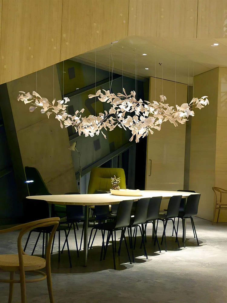 Gingko Style H chandelier by Vinlighting featuring art-deco linear design with multiple light bulbs and sleek metal finish.
