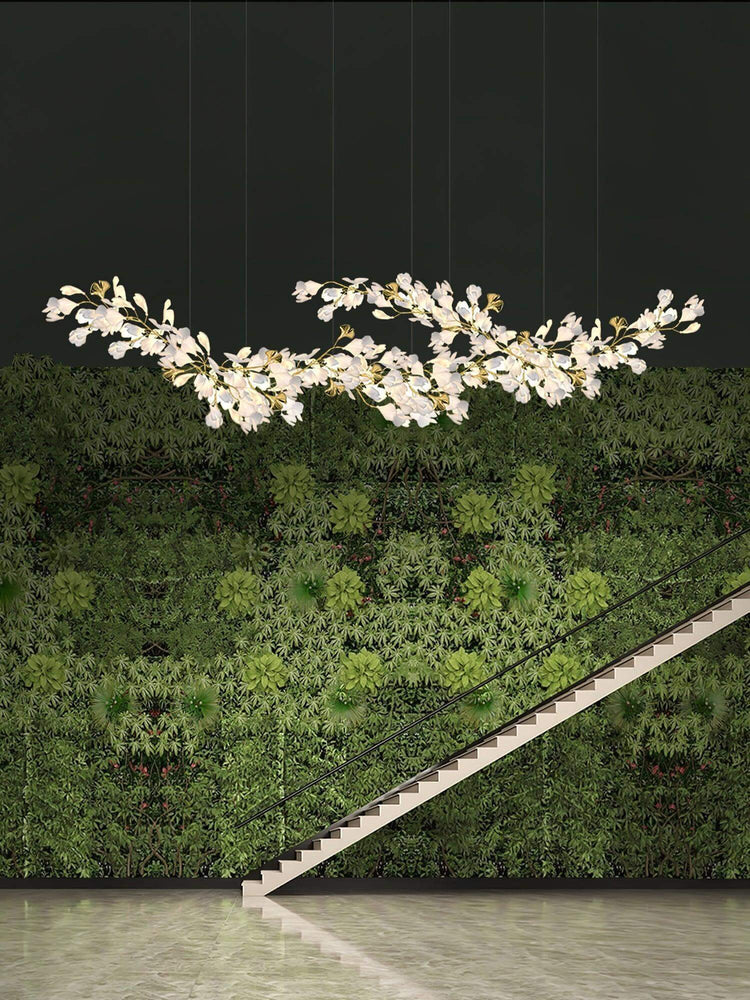 Vinlighting Gingko Chandelier Style H, art-deco linear chandelier with leaf-inspired design, hanging from a ceiling in a modern setting.