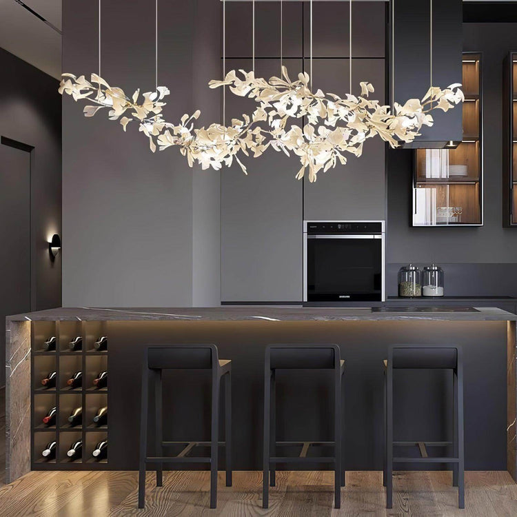 Gingko Style H chandelier by Vinlighting featuring Art Deco linear design with gold accents and multiple light bulbs.