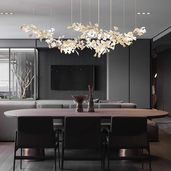 Gingko Style H chandelier by Vinlighting featuring an art deco linear design with elegant gold accents and multiple light bulbs.