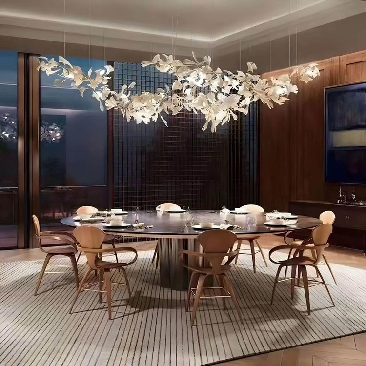 Vinlighting Gingko Chandelier Style H, Art Deco linear chandelier with leaf-inspired design and elegant hanging light fixtures.