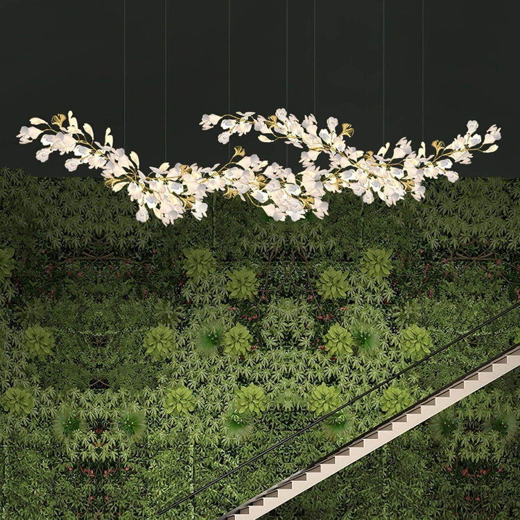 Vinlighting Gingko Style H chandelier with Art Deco linear design featuring elegant leaf-shaped accents and warm lighting.