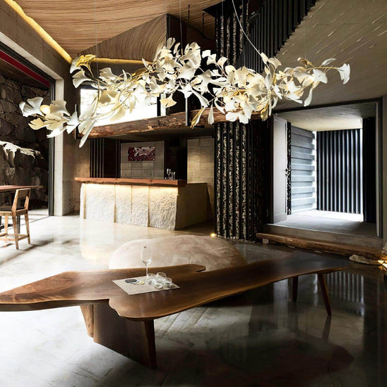 Vinlighting Gingko Chandelier Style H, Art Deco linear chandelier with leaf-inspired design and warm lighting accents.