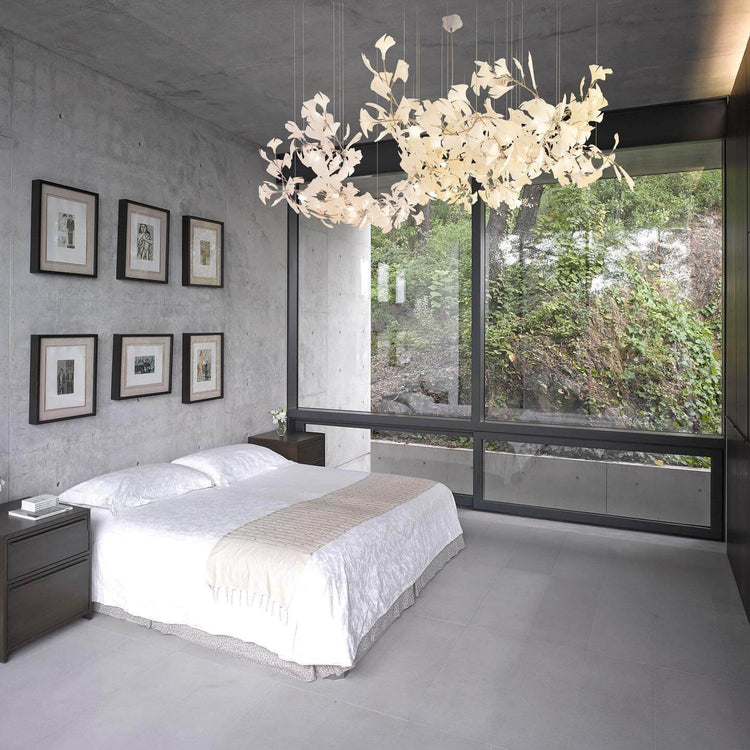 Gingko-style chandelier by Vinlighting featuring linear art-deco design with multiple bulb fixtures and elegant metal detailing.