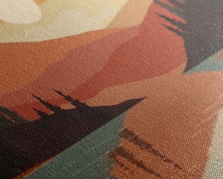 Close-up of Sunset Forest boho abstract 3-piece framed canvas wall art set by NuevArt, showing textured brushstrokes and vibrant colors.