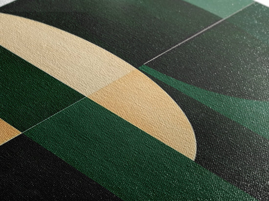 Close-up of emerald green geometric wall art on canvas by NuevArt, showcasing textured mid-century modern design.