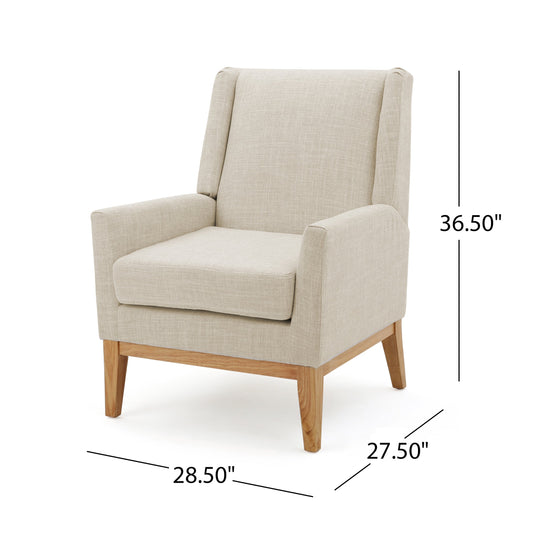 Beige mid-century modern accent chair with padded cushion seat, ideal for home or office seating, by V.I.P Digital Presence