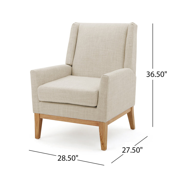 Beige mid-century modern accent chair with padded cushion seat, ideal for home or office seating, by V.I.P Digital Presence