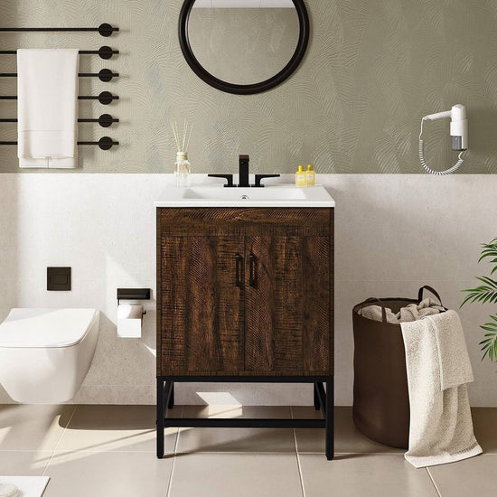 Modern Dark Brown Wood Bathroom Vanity with White Ceramic Sink - Modern Home & Kitchen