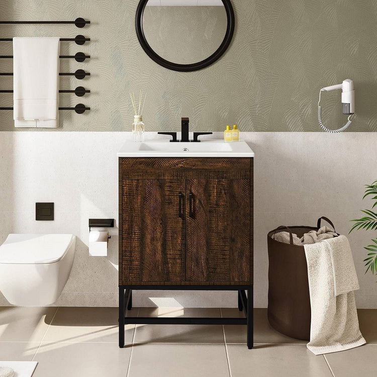 Modern Dark Brown Wood Bathroom Vanity with White Ceramic Sink - Modern Home & Kitchen