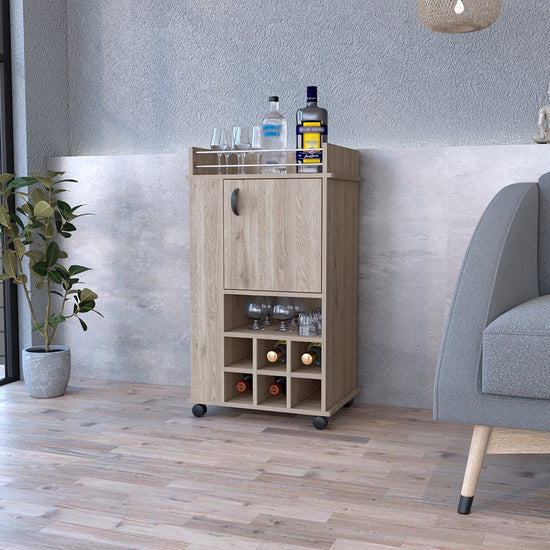Reese light gray bar cart with wine cubbies and cabinet storage