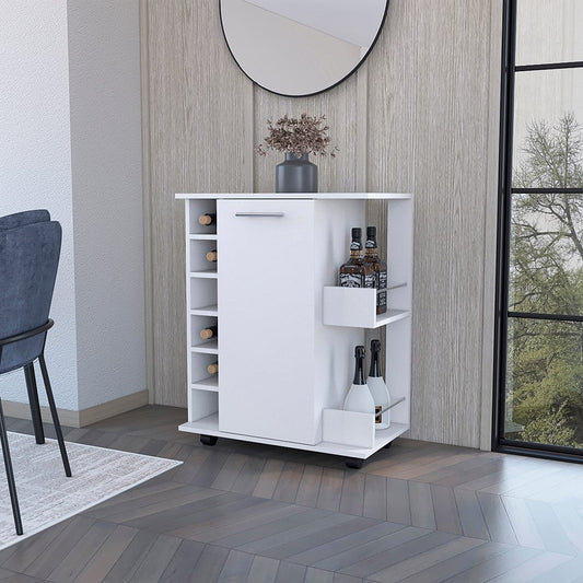 White Cabot mobile bar cart with rolling wheels and glassware storage