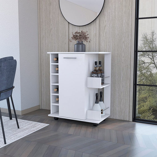 White Cabot mobile bar cart with rolling wheels and glassware storage