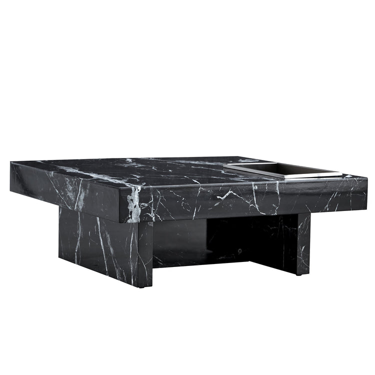 Modern black MDF round coffee table with a minimalist pattern, measuring 31.4 inches in diameter.