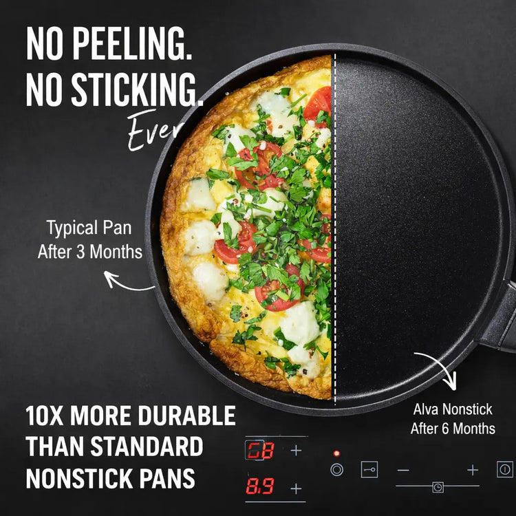 11-inch Alva Cookware crepe and egg pan with non-stick surface, perfect for making pancakes, eggs, and breakfast dishes.