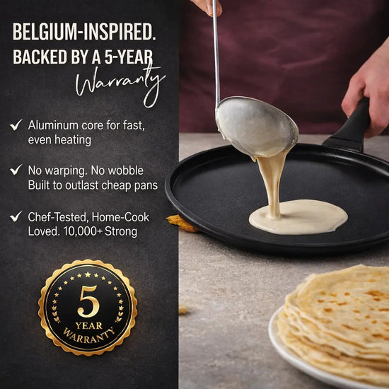 Alva Cookware 11-inch crepe and egg pan with non-stick surface, perfect for making pancakes and breakfast dishes.