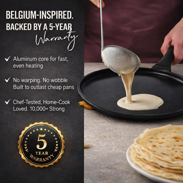 Alva Cookware 11-inch crepe and egg pan with non-stick surface, perfect for making pancakes and breakfast dishes.