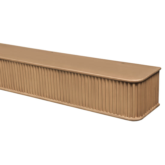 Real wood fluted fireplace mantel shelf in chestnut finish, decorative mantel for traditional fireplace decor.