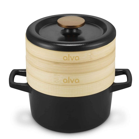 Alva Cookware 2.5 QT Dutch oven with steamer inserts, durable cast iron construction, perfect for steaming and slow cooking.