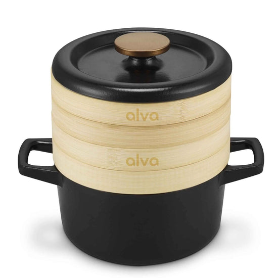 Alva Cookware 2.5 QT Dutch oven with steamer inserts, durable cast iron construction, perfect for steaming and slow cooking.