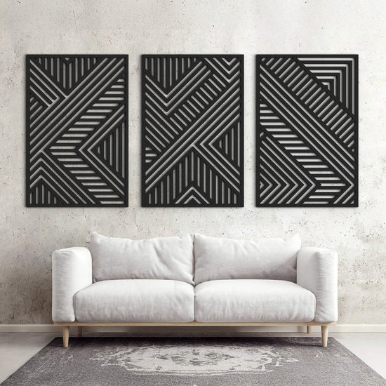 Three-panel geometric wooden wall art set with modern minimalist design, CNC laser-cut wood decor by VARBROS.