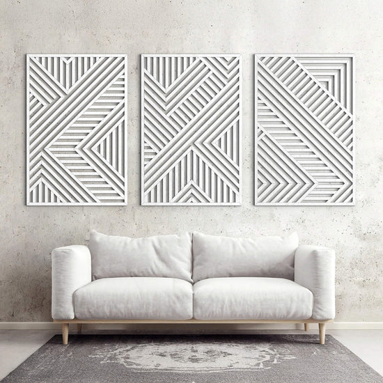 Three geometric CNC laser-cut wooden wall art panels in natural wood tones, modern minimalist decor for interior walls.